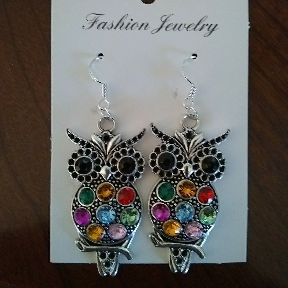 Rhinestone Owl Dangle Earrings 